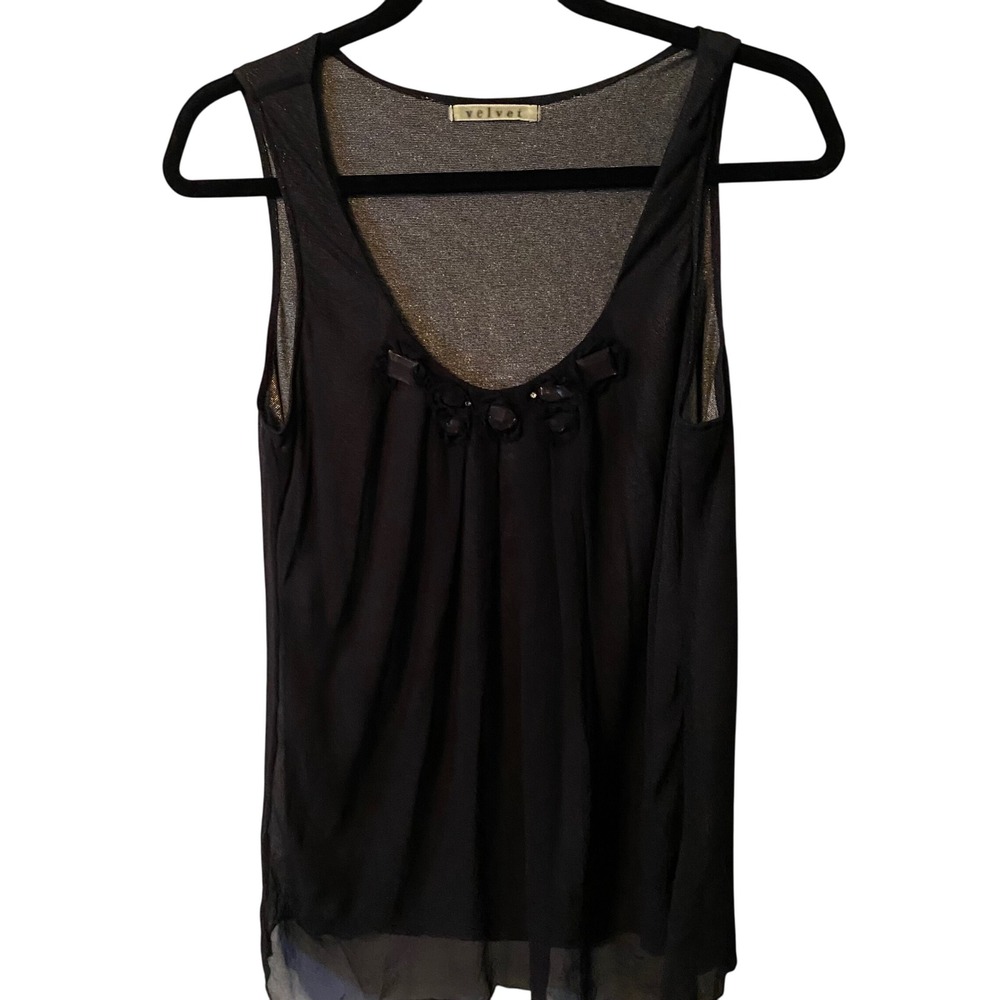 Velvet Women's Black Sheer Embellished Bow‎ Neck Sleeveless Tank Top Women's M
